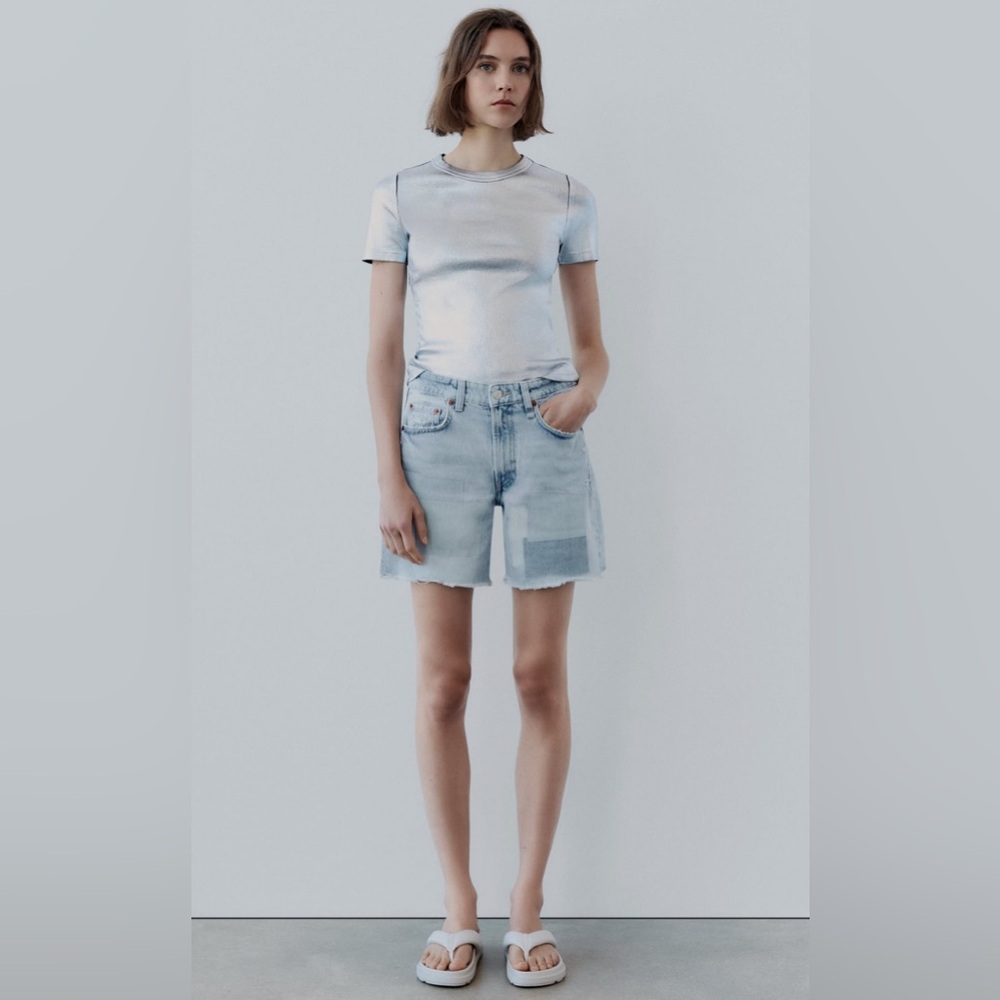 (#161)ZARA TRF Mid-Rise Denim Patch Shorts